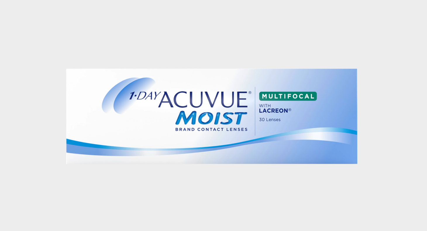 Packaging of 1-Day Acuvue Moist multifocal contact lenses with blue and white gradient design
