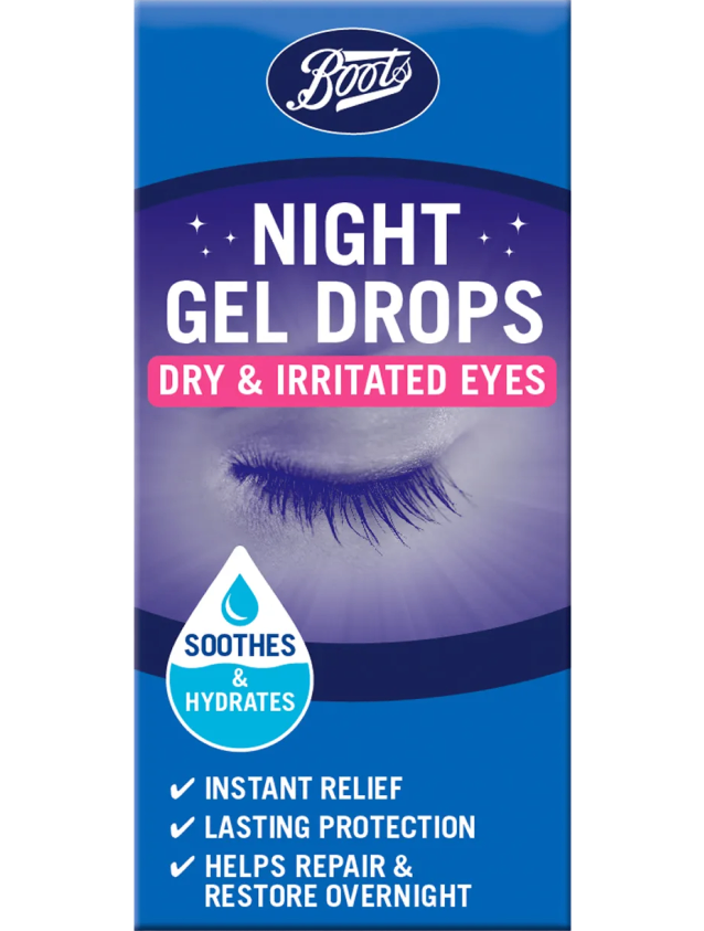 Packaging of Boots Night Gel Drops for dry eyes, highlighting soothing, hydrating and repair benefits.