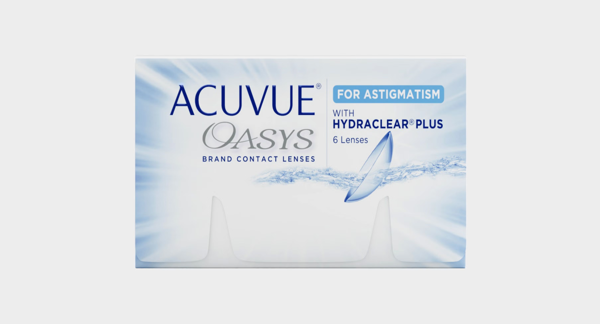Packaging of Acuvue Oasys contact lenses for astigmatism with Hydraclear Plus and 6 lenses