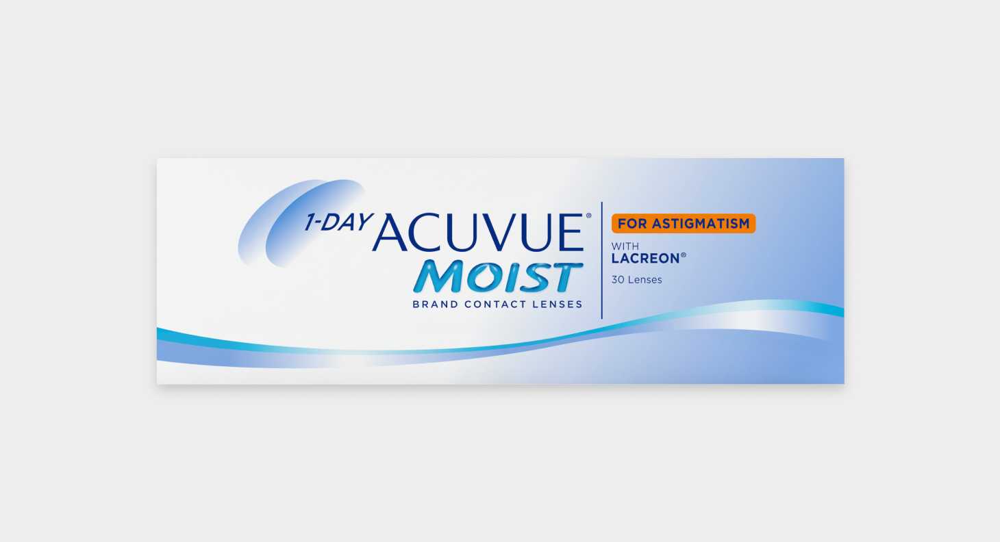 Box of 1-Day Acuvue Moist contact lenses for astigmatism with LACREON technology