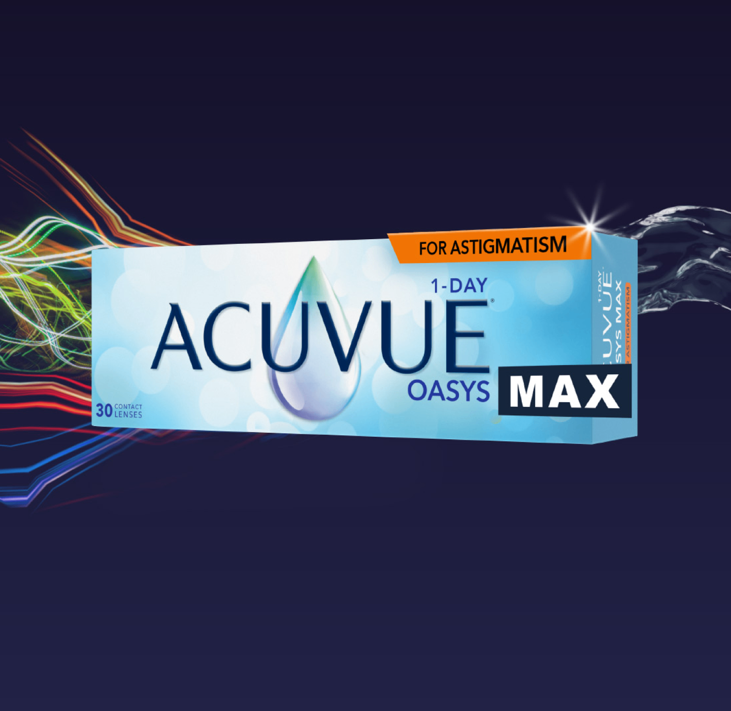 Box of Acuvue Oasys 1-Day contact lenses for astigmatism at Boots Opticians with light trail design
