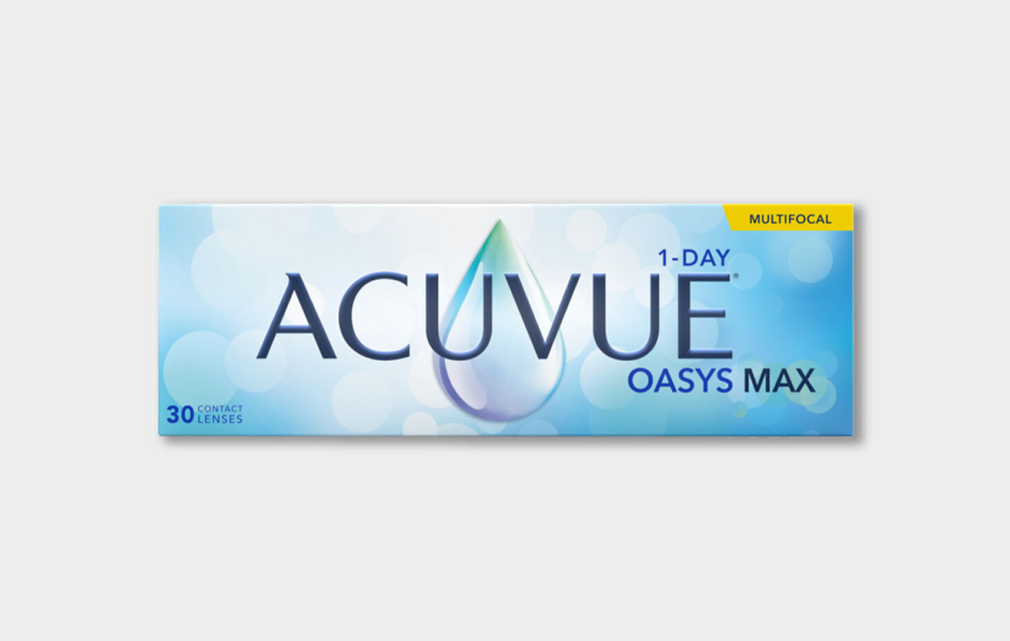 Blue and white Acuvue Oasys Max 1-Day multifocal contact lens box with water drop design