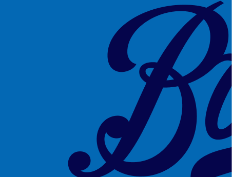Blue background with dark blue script letter "B" on the right side, representing Boots Opticians Logo
