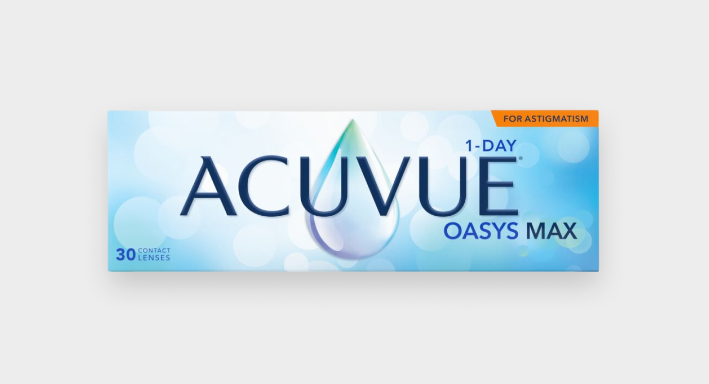 Packaging of Acuvue Oasys Max 1-Day contact lenses for astigmatism with blue bubble design