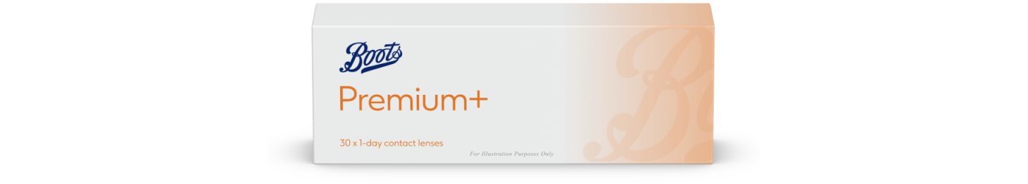 Box of Boots Premium+ daily contact lenses with white and orange design, 30 one-day lenses