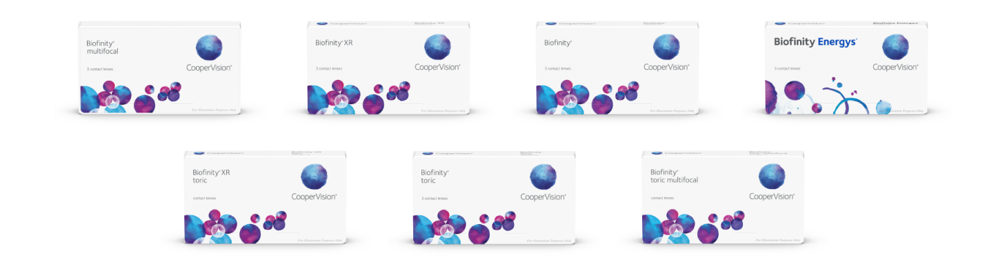 Eight boxes of CooperVision contact lenses displayed on white background with blue and purple design