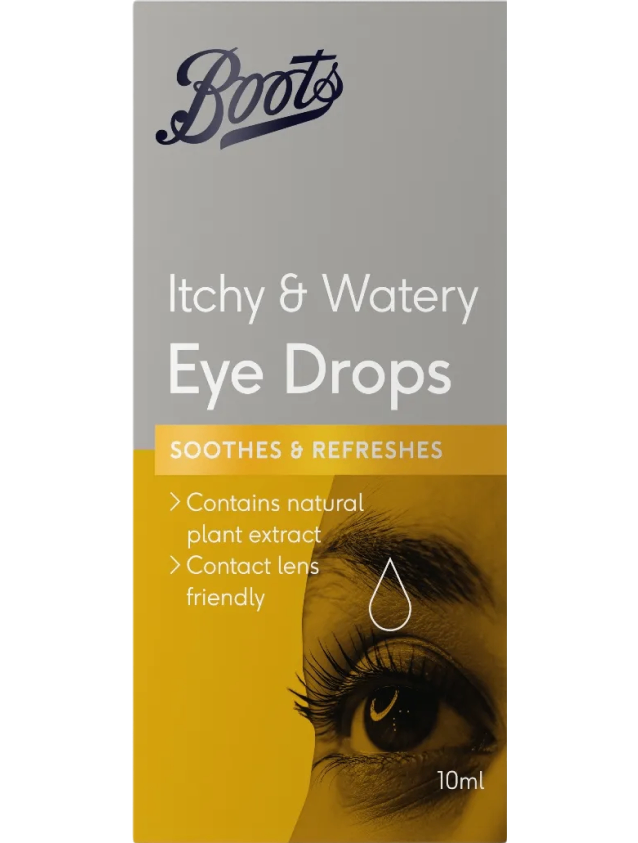 Packaging of Boots Itchy and Watery Eye Drops in grey and yellow, designed to soothe irritated eyes.