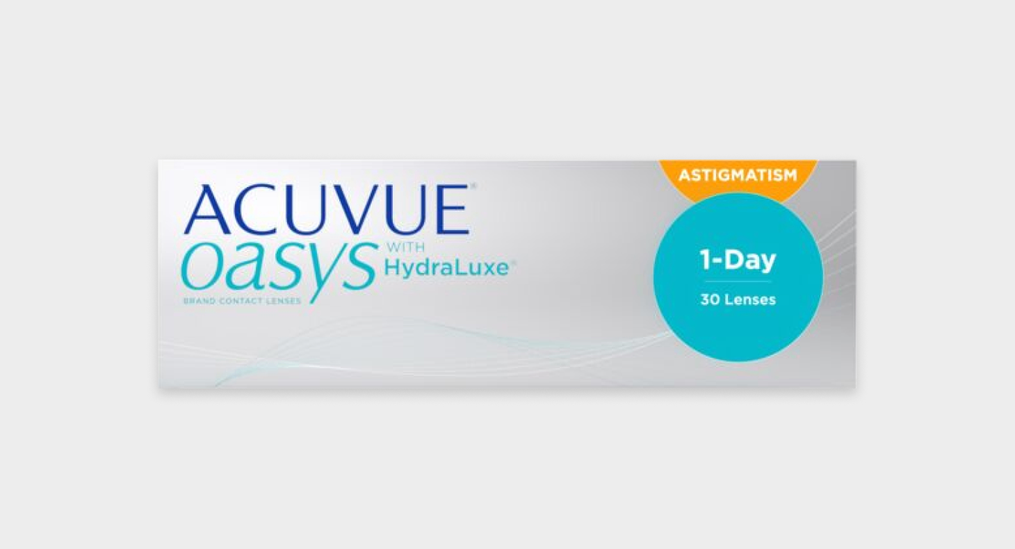 Acuvue Oasys 1-Day contact lenses for astigmatism with HydraLuxe in blue and orange packaging