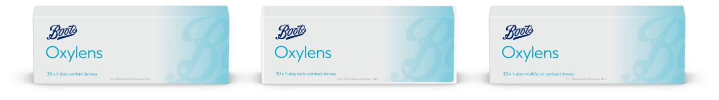 Three boxes of Boots Oxylens daily contact lenses with clean white and blue minimalist packaging