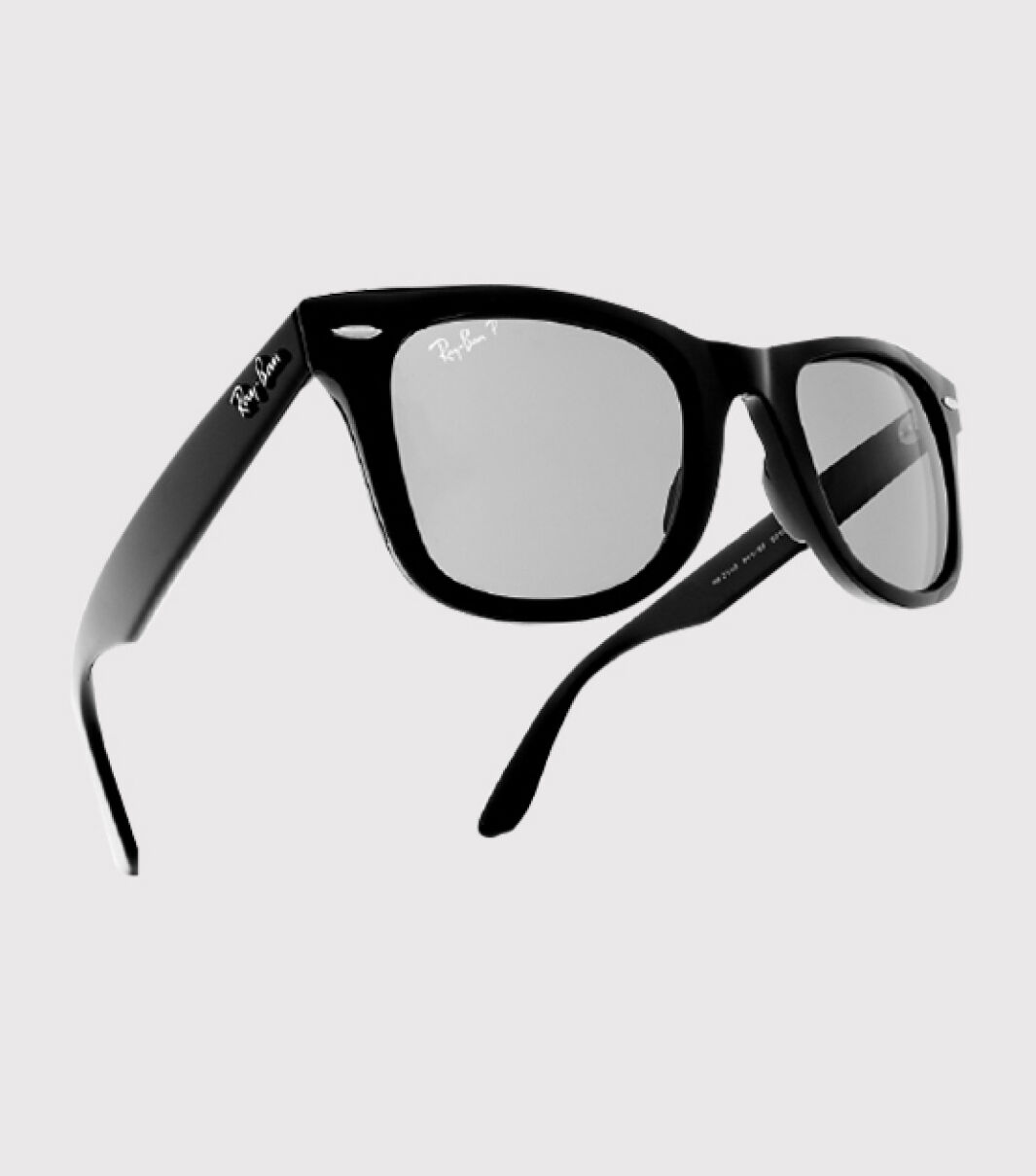 Black Ray-Ban Wayfarer sunglasses with gray lenses, classic stylish design