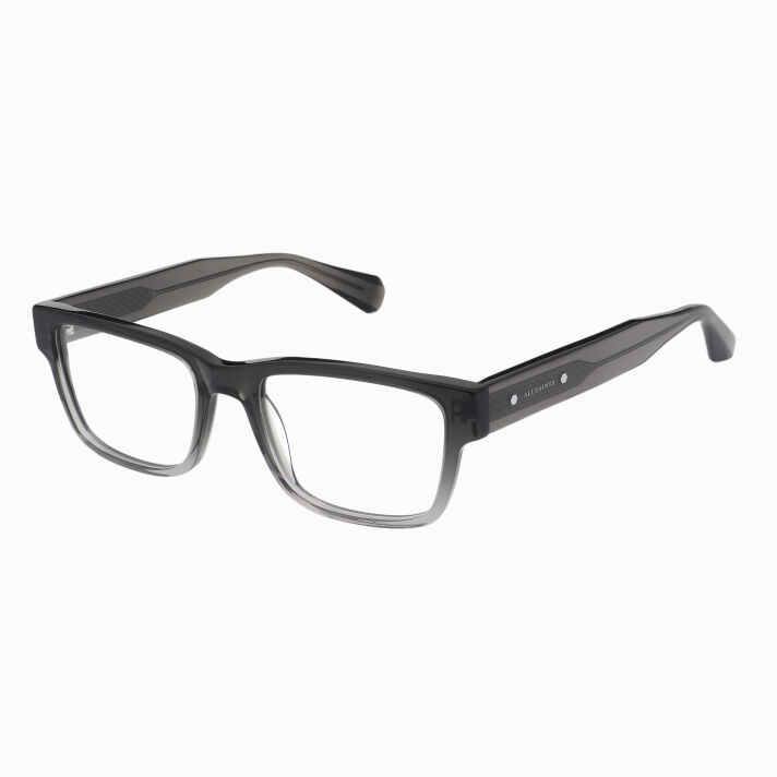 AllSaints Storm Black square eyeglasses with transparent lower rims and bold arms on a plain white background.
