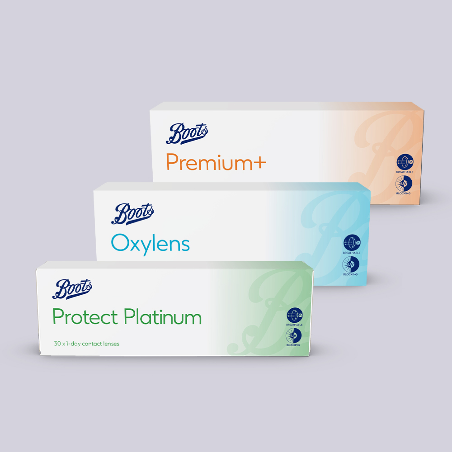 Boots contact lenses boxes displayed on a light purple background including Premium+, Oxylens and Protect Platinum