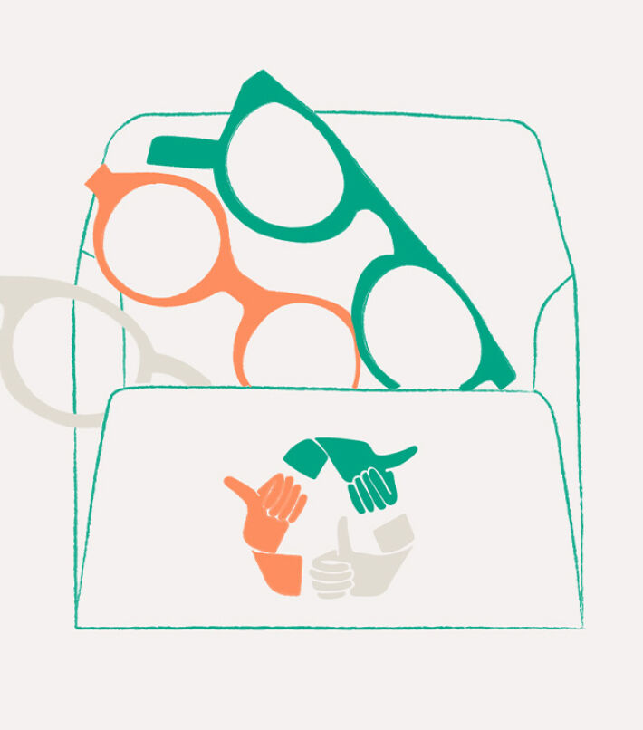Illustration of Botaniq glasses packaging with recycling symbol made of hands, representing sustainability