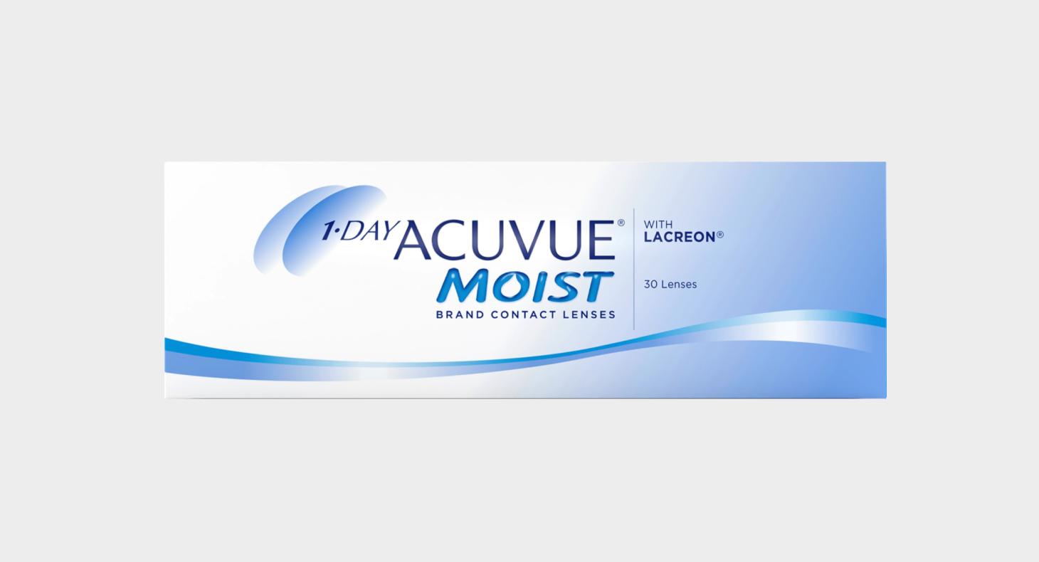 Packaging of 1-Day Acuvue Moist contact lenses with white and blue wave design