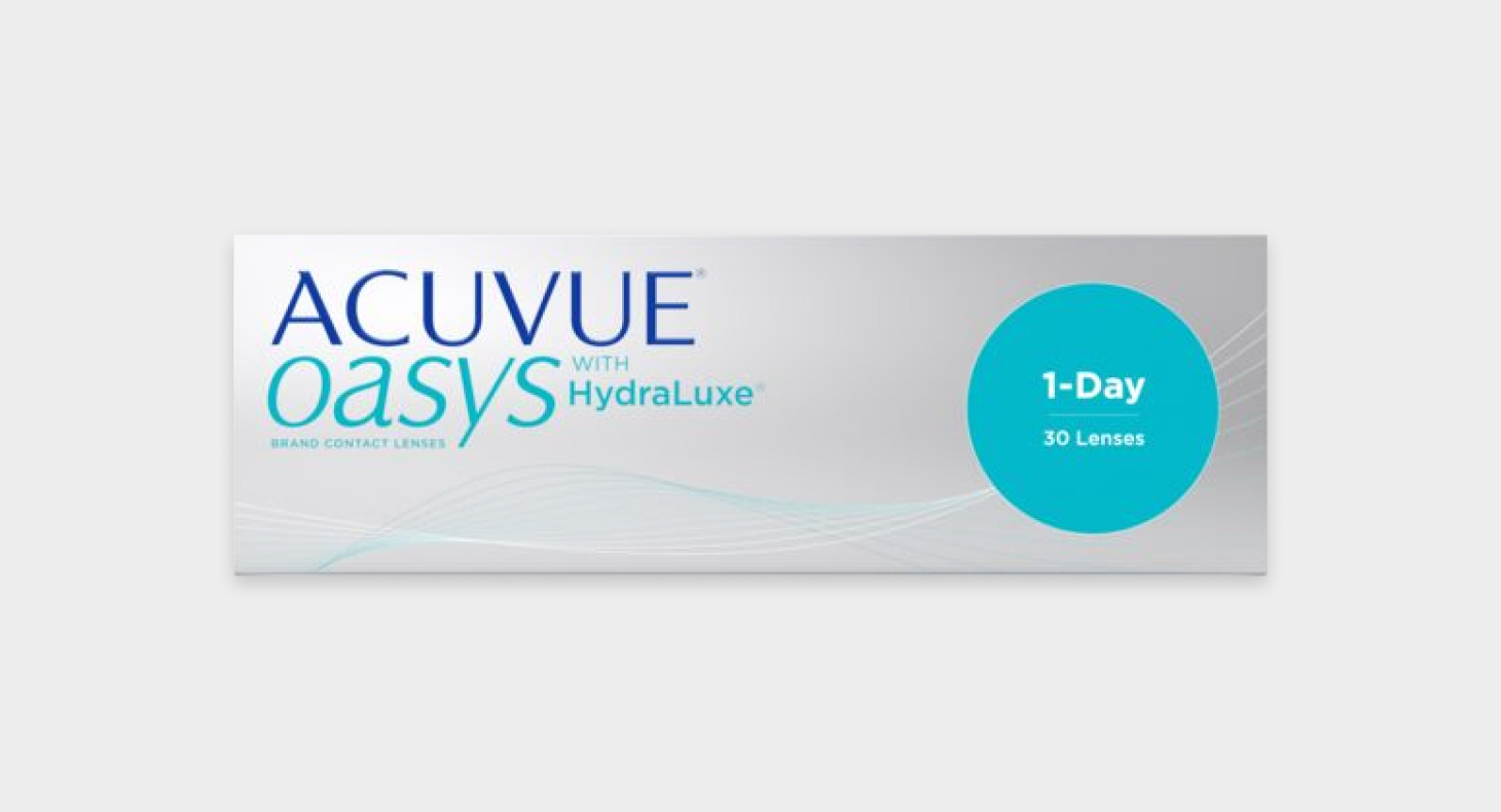 Box of Acuvue Oasys 1-Day contact lenses with HydraLuxe technology and minimalist blue design