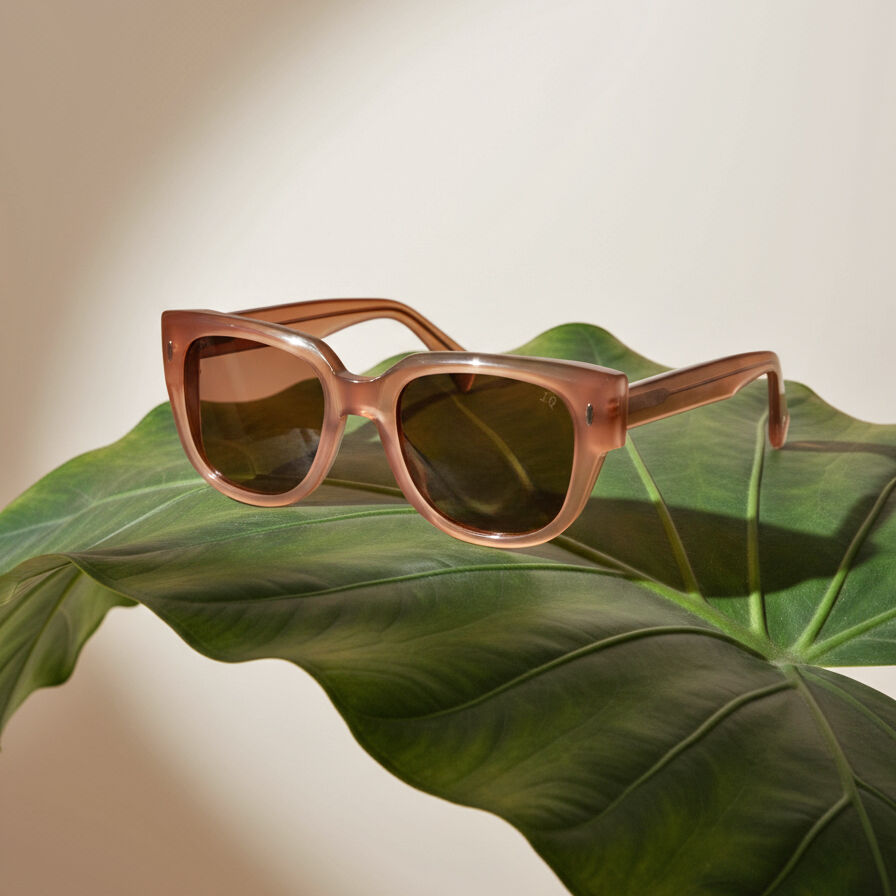 Light brown Botaniq sunglasses with brown lenses on a green leaf against a soft beige background
