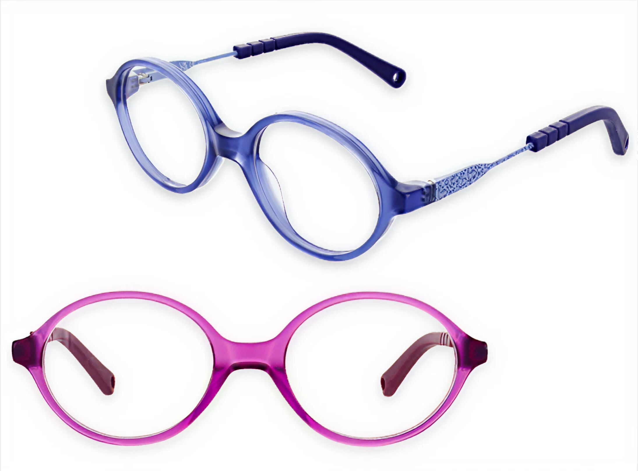 Two pairs of playful round children&rsquo;s glasses in blue and pink on a white background