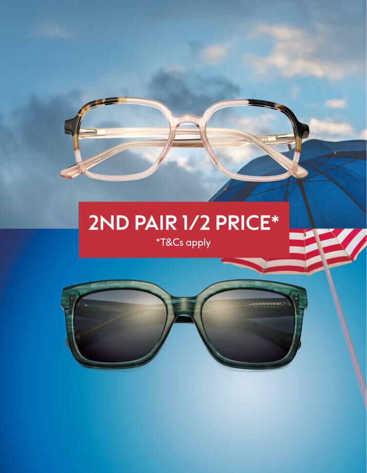 Promotional image showing two styles of eyewear with a banner stating 2nd pair 1/2 price
