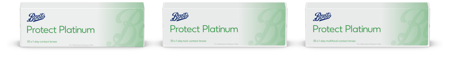 Three boxes of Boots Protect Platinum 30-day contact lenses with green gradient packaging