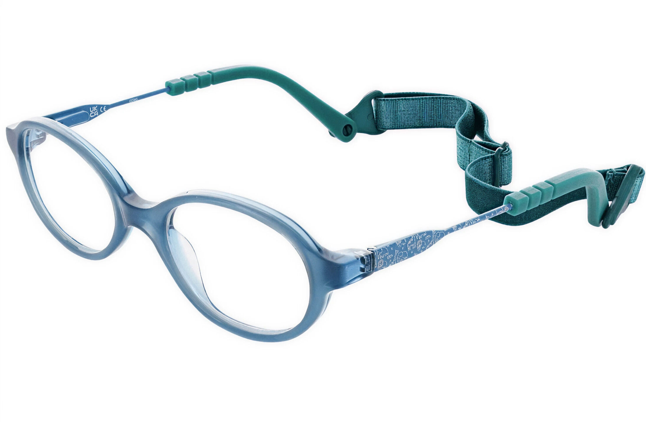 Blue round children&rsquo;s glasses with flexible tips and adjustable strap for a secure fit