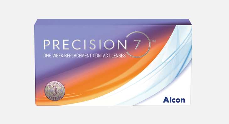 Box of Alcon Precision 1 one-day contact lenses with turquoise and purple packaging, showing Smart surface Technology