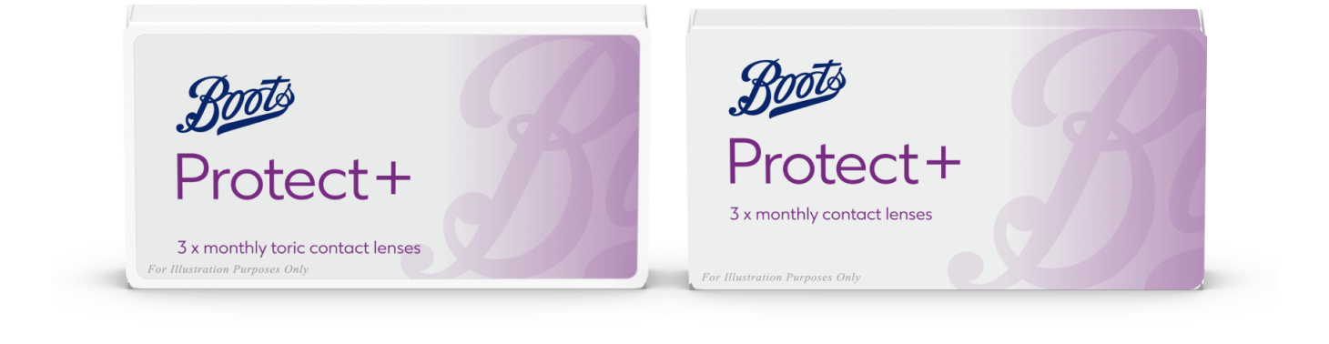 Two boxes of Boots Protect+ monthly toric contact lenses with purple accents and clean design