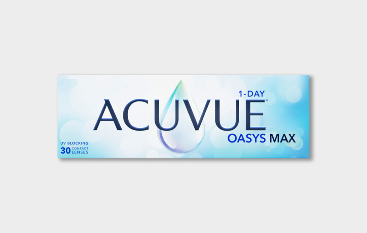 Acuvue Oasys Max 1-Day contact lens box with blue design, UV blocking label, and 30 lenses