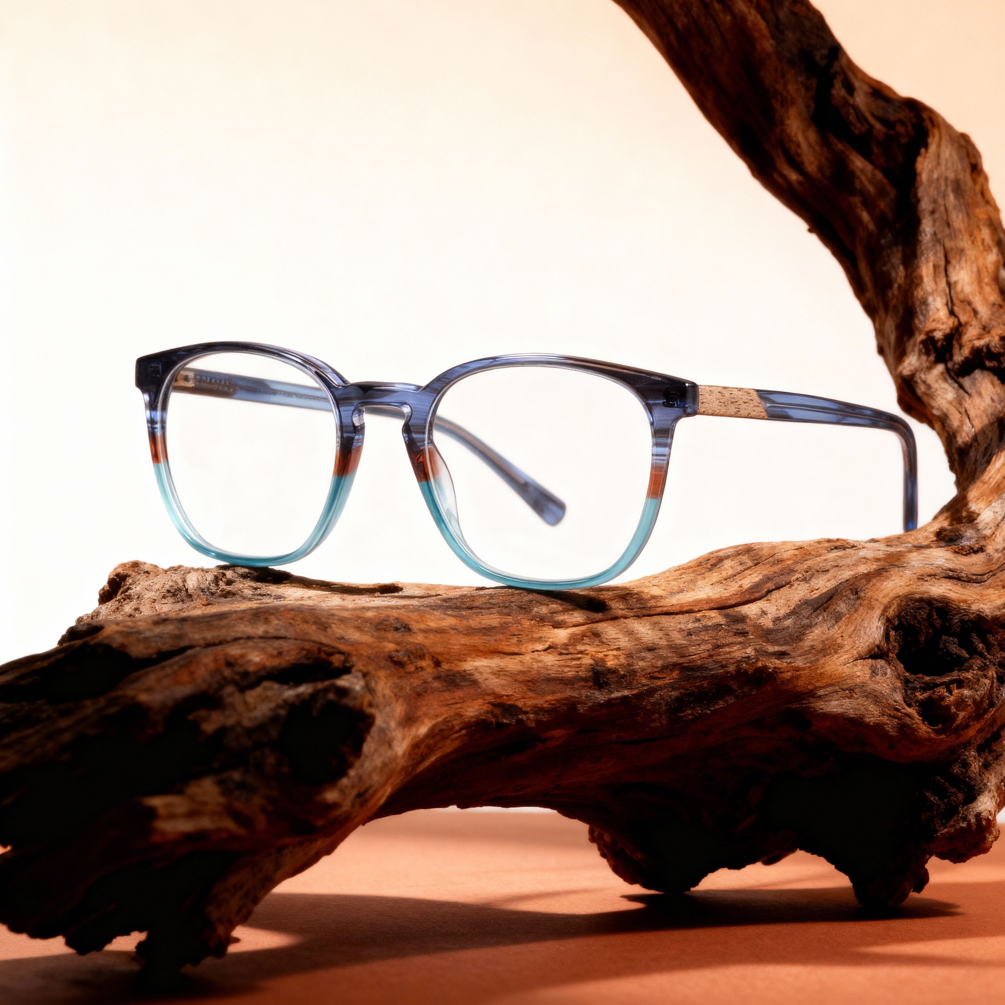 Blue and gold Botaniq eyeglasses resting on driftwood, blending natural and refined style