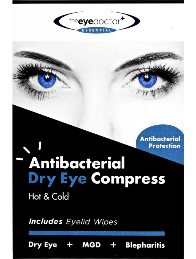 Antibacterial dry eye compress showing hot and cold use features with eyelid wipes for eye care.