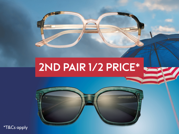 2 frames with a blue sky background, with one frame in white, the other frame in green, which describes Boots Opticians' Second pair half price promotion on glasses